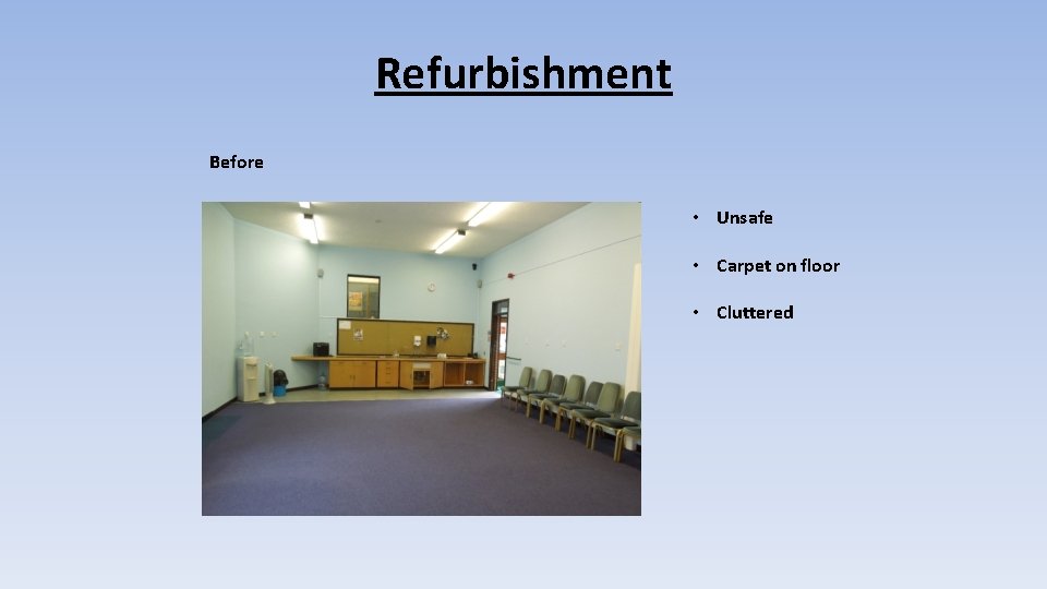 Refurbishment Before • Unsafe • Carpet on floor • Cluttered 