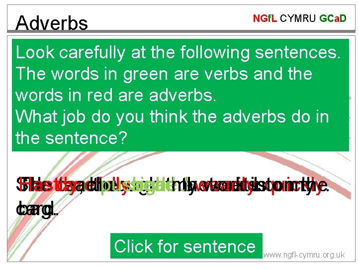 Adverbs NGf. L CYMRU GCa. D Look carefully at the following sentences. The words