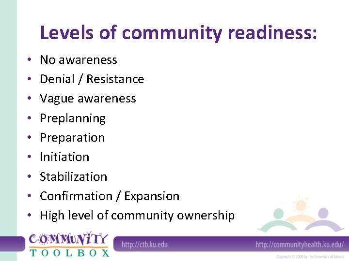 Levels of community readiness: • • • No awareness Denial / Resistance Vague awareness