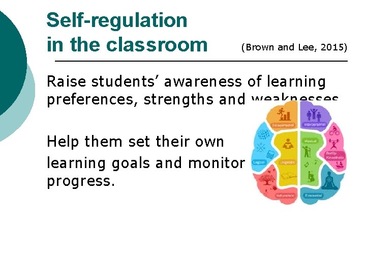 Self-regulation in the classroom (Brown and Lee, 2015) Raise students’ awareness of learning preferences,