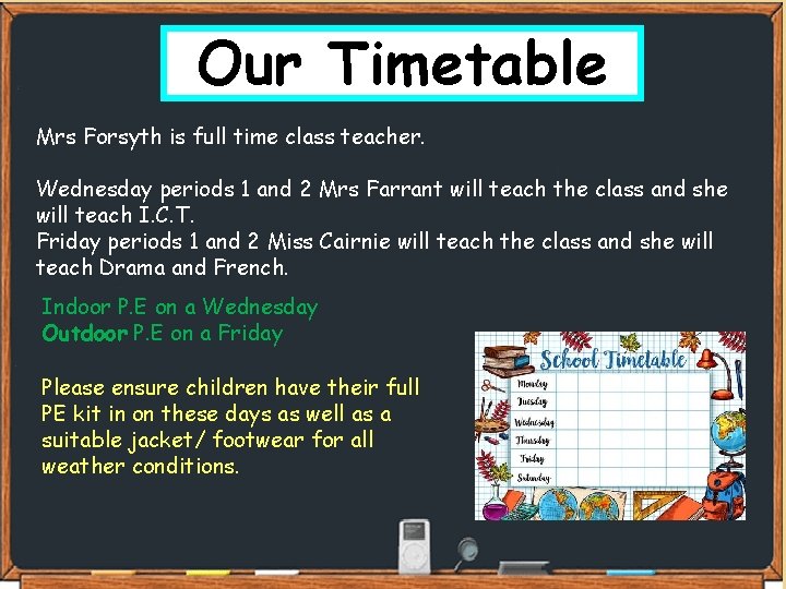 Our Timetable Mrs Forsyth is full time class teacher. Wednesday periods 1 and 2