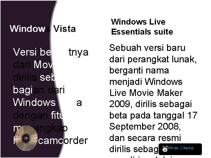 Windows Vista Windows Live Essentials suite Sebuah versi baru Versi berikutnya dari perangkat lunak,