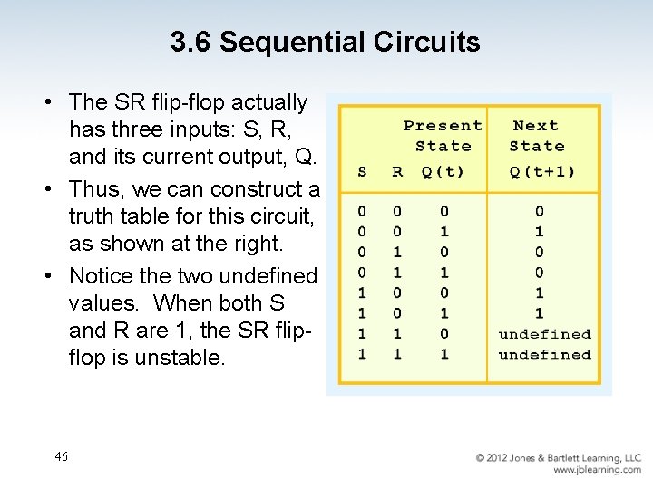 3. 6 Sequential Circuits • The SR flip-flop actually has three inputs: S, R,