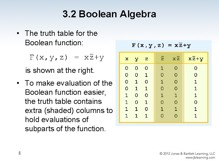 3. 2 Boolean Algebra • The truth table for the Boolean function: is shown