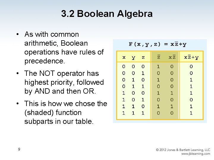 3. 2 Boolean Algebra • As with common arithmetic, Boolean operations have rules of
