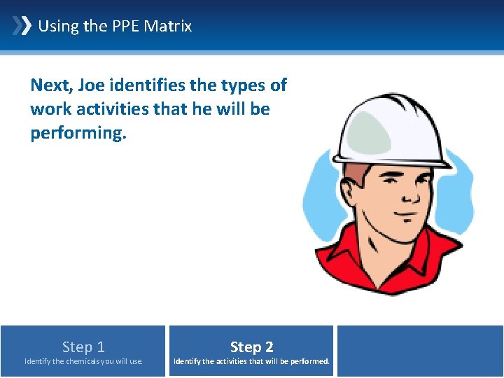 Using the PPE Matrix Next, Joe identifies the types of work activities that he