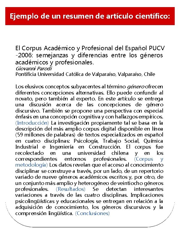 Ejemplo de un resumen de artículo científico: El Corpus Académico y Profesional del Español Ejemplo de un resumen de artículo científico: El Corpus Académico y Profesional del Español