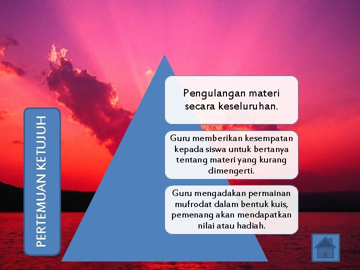 PERTEMUAN KETUJUH Pengulangan materi secara keseluruhan. Guru memberikan kesempatan kepada siswa untuk bertanya tentang