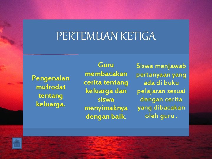 PERTEMUAN KETIGA Pengenalan mufrodat tentang keluarga. Guru Siswa menjawab membacakan pertanyaan yang cerita tentang