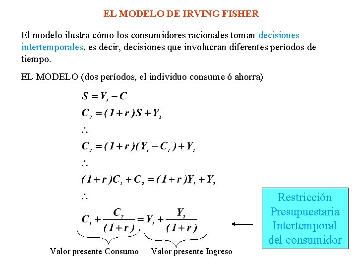 EL MODELO DE IRVING FISHER El modelo ilustra cómo los consumidores racionales toman decisiones