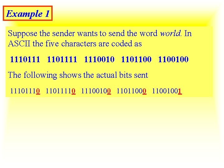 Example 1 Suppose the sender wants to send the word world. In ASCII the