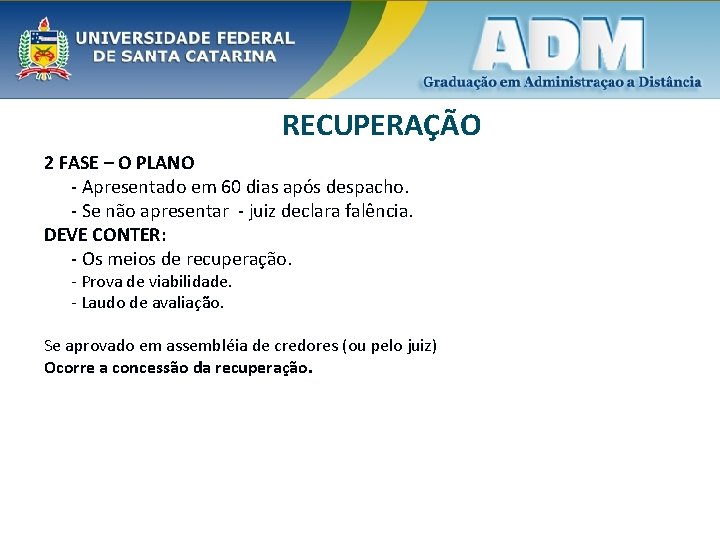 RECUPERAÇÃO 2 FASE – O PLANO - Apresentado em 60 dias após despacho. -