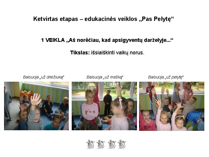 Ketvirtas etapas – edukacinės veiklos „Pas Pelytę“ 1 VEIKLA „Aš norėčiau, kad apsigyventų darželyje.