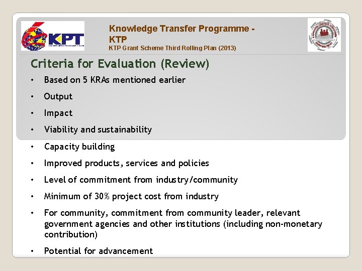 Knowledge Transfer Programme KTP Grant Scheme Third Rolling Plan (2013) Criteria for Evaluation (Review)