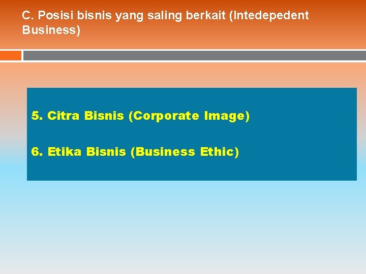 C. Posisi bisnis yang saling berkait (Intedepedent Business) 5. Citra Bisnis (Corporate Image) 6.