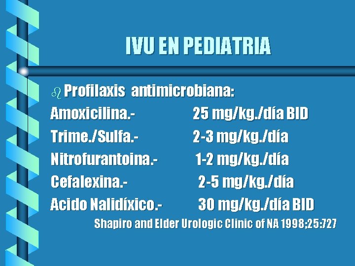 IVU EN PEDIATRIA b Profilaxis antimicrobiana: Amoxicilina. 25 mg/kg. /día BID Trime. /Sulfa. 2