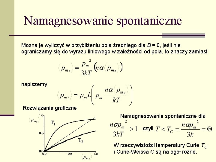 Namagnesowanie spontaniczne Można je wyliczyć w przybliżeniu pola średniego dla B = 0, jeśli