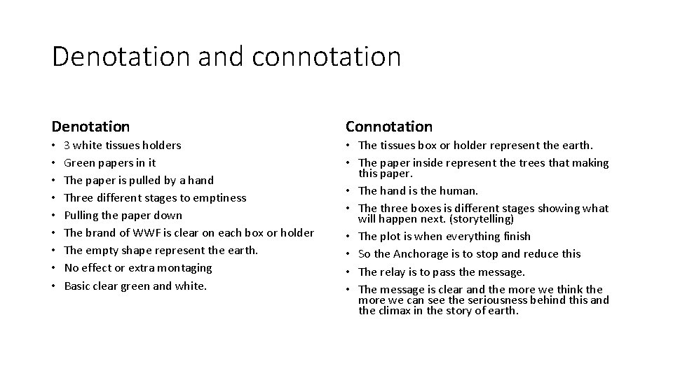 Denotation and connotation Denotation • • • 3 white tissues holders Green papers in