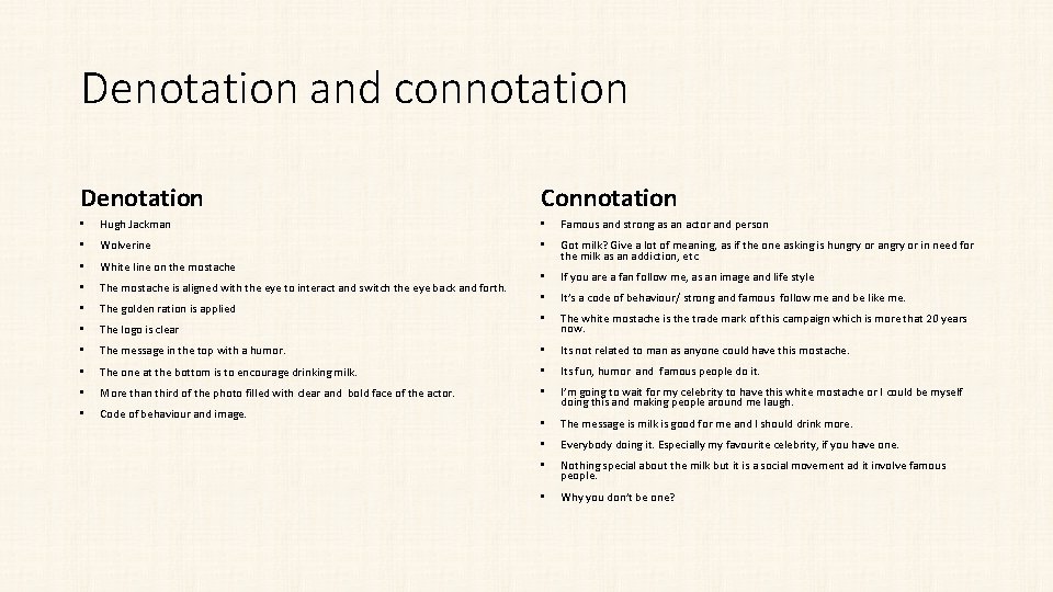 Denotation and connotation Denotation Connotation • Hugh Jackman • Famous and strong as an