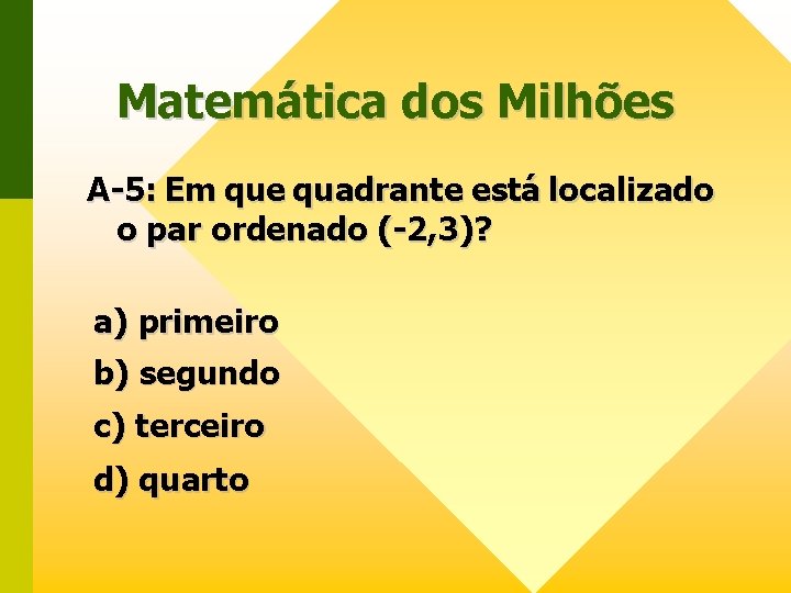 Matemática dos Milhões A-5: Em que quadrante está localizado o par ordenado (-2, 3)?