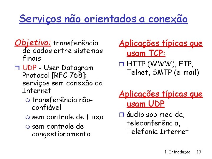 Serviços não orientados a conexão Objetivo: transferência de dados entre sistemas finais r UDP