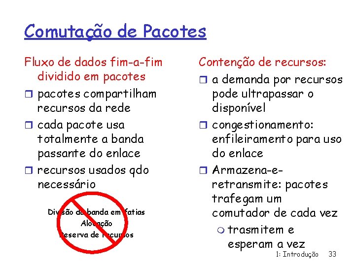 Comutação de Pacotes Fluxo de dados fim-a-fim dividido em pacotes r pacotes compartilham recursos