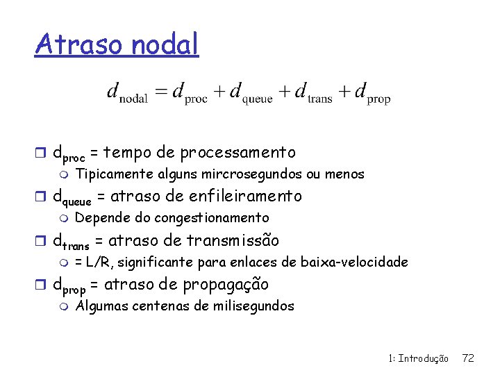 Atraso nodal r dproc = tempo de processamento m Tipicamente alguns mircrosegundos ou menos