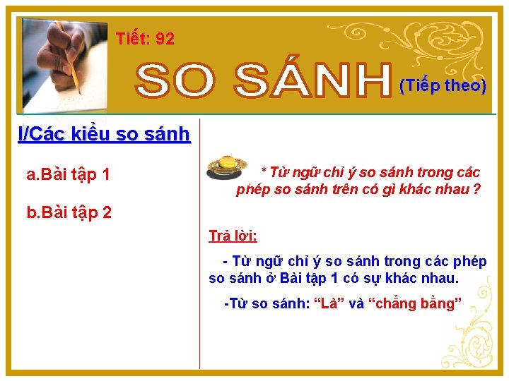 Tiết: 92 (Tiếp theo) I/Các kiểu so sánh a. Bài tập 1 * Từ