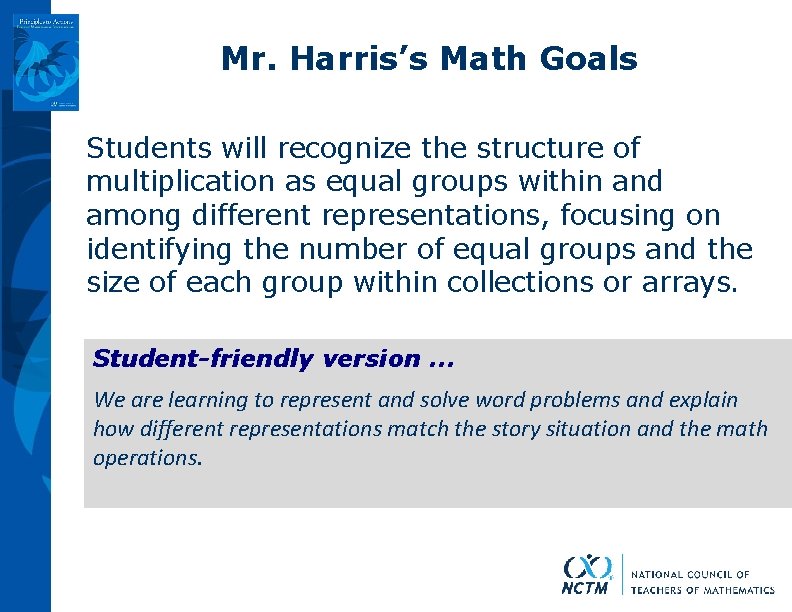 Mr. Harris’s Math Goals Students will recognize the structure of multiplication as equal groups