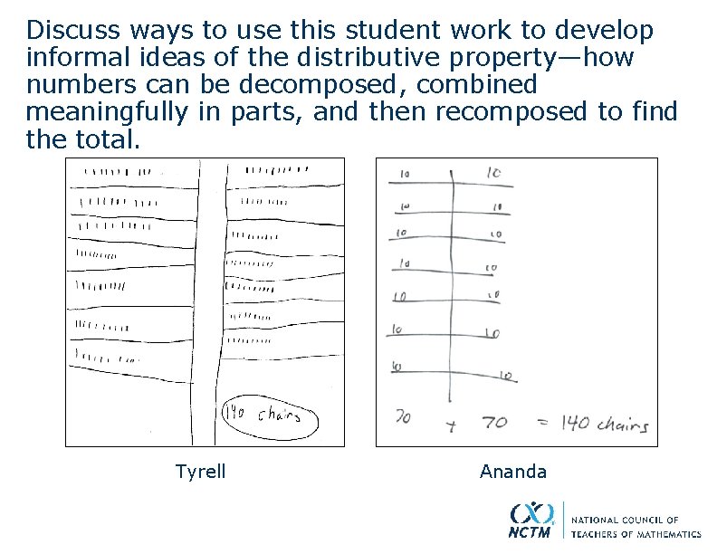 Discuss ways to use this student work to develop informal ideas of the distributive