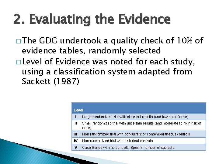 2. Evaluating the Evidence � The GDG undertook a quality check of 10% of