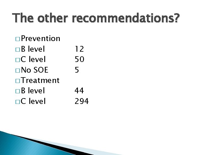 The other recommendations? � Prevention �B level � C level � No SOE �