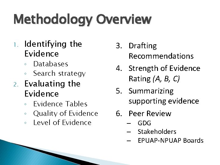 Methodology Overview 1. Identifying the Evidence ◦ Databases ◦ Search strategy 2. Evaluating the