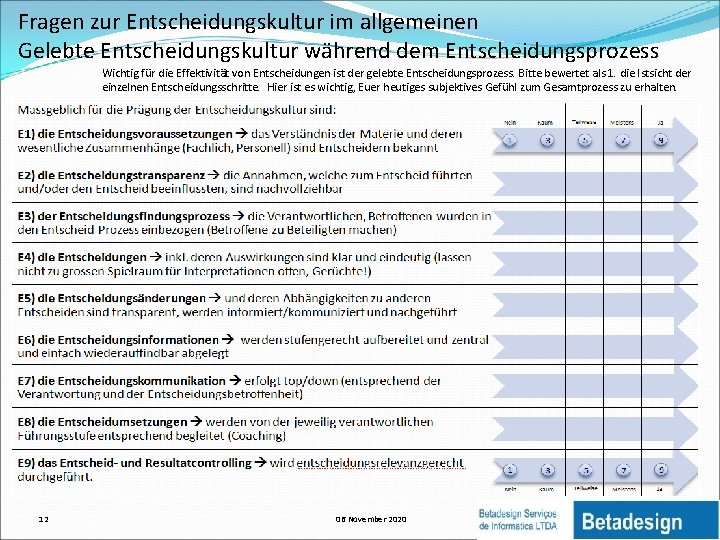 Fragen zur Entscheidungskultur im allgemeinen Gelebte Entscheidungskultur während dem Entscheidungsprozess Wichtig für die Effektivität