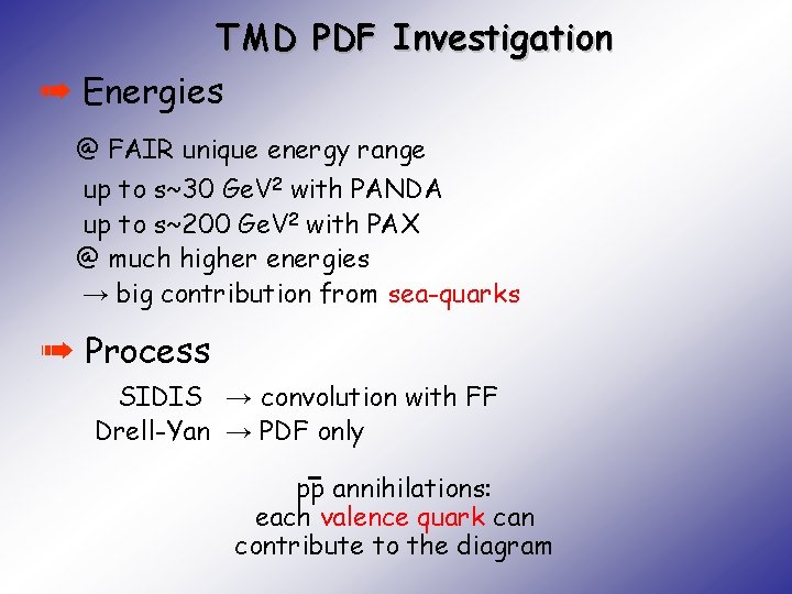 TMD PDF Investigation ➠ Energies @ FAIR unique energy range up to s~30 Ge.