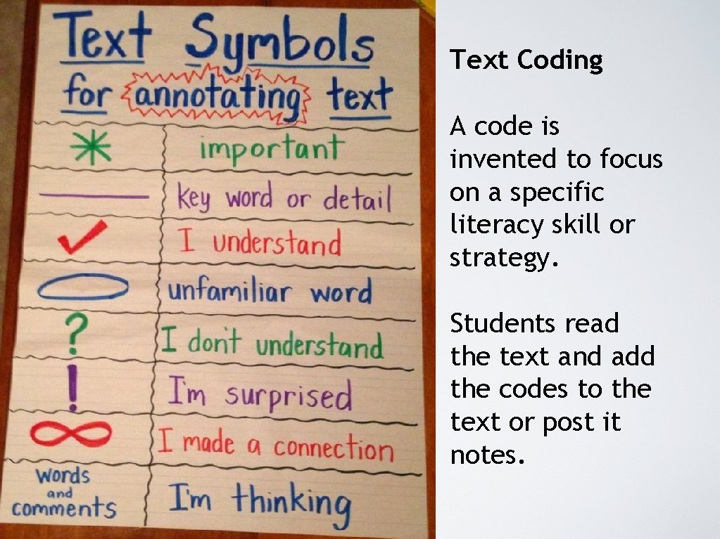 Text Coding A code is invented to focus on a specific literacy skill or