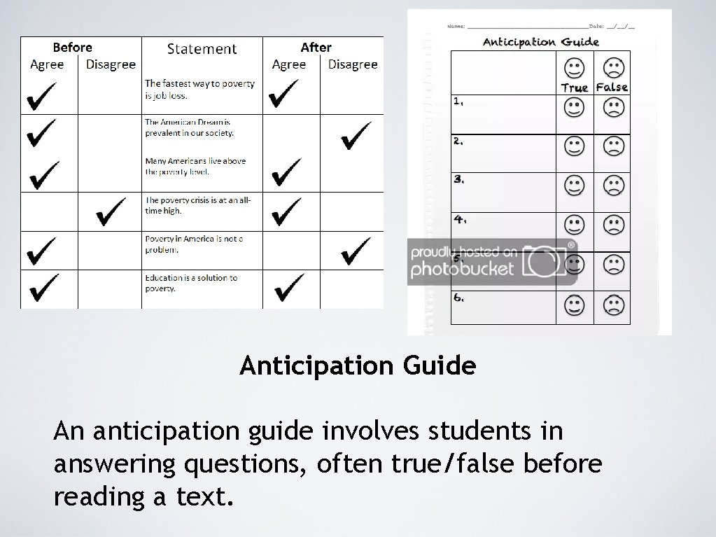 Anticipation Guide An anticipation guide involves students in answering questions, often true/false before reading