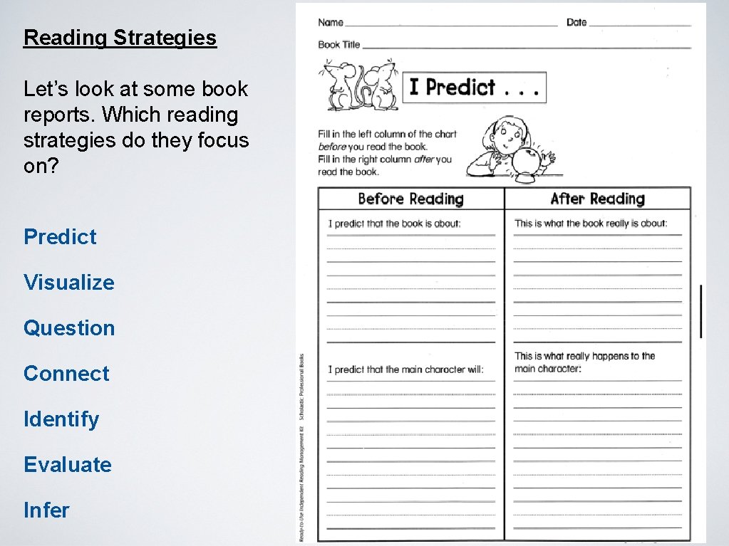 Reading Strategies Let’s look at some book reports. Which reading strategies do they focus