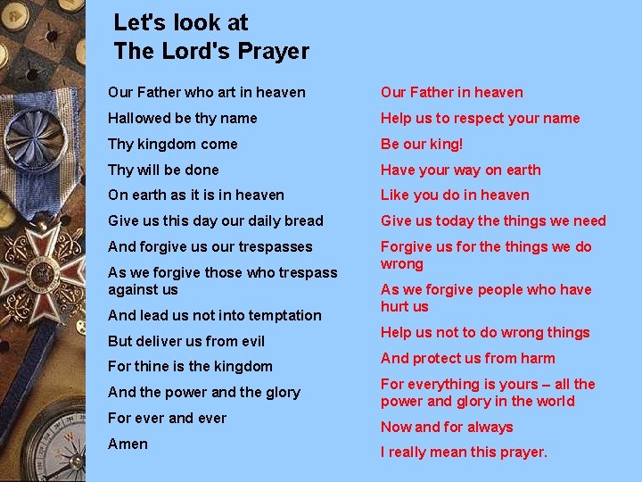 Let's look at The Lord's Prayer Our Father who art in heaven Our Father