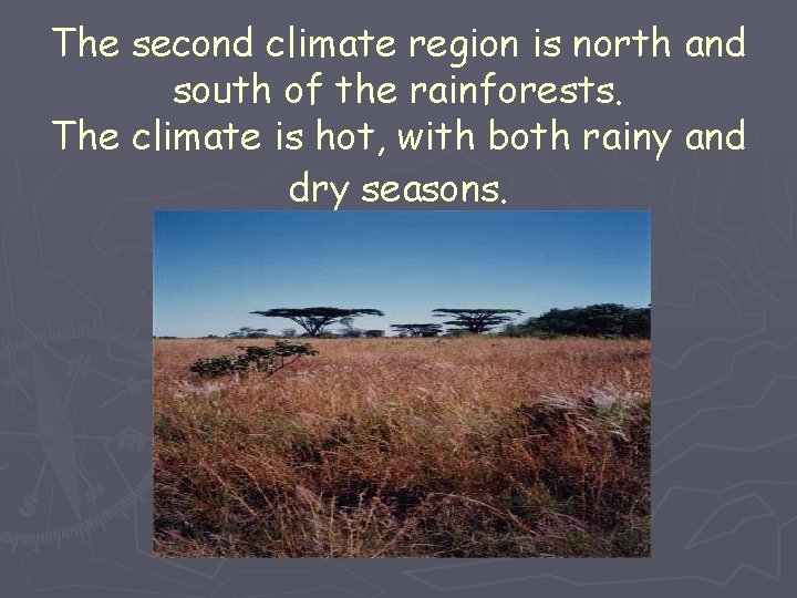 The second climate region is north and south of the rainforests. The climate is