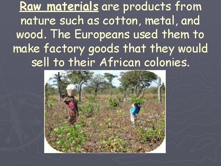 Raw materials are products from nature such as cotton, metal, and wood. The Europeans