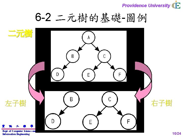 Providence University 6 -2 二元樹的基礎-圖例 二元樹 右子樹 左子樹 資 訊 程 學 Dept. of