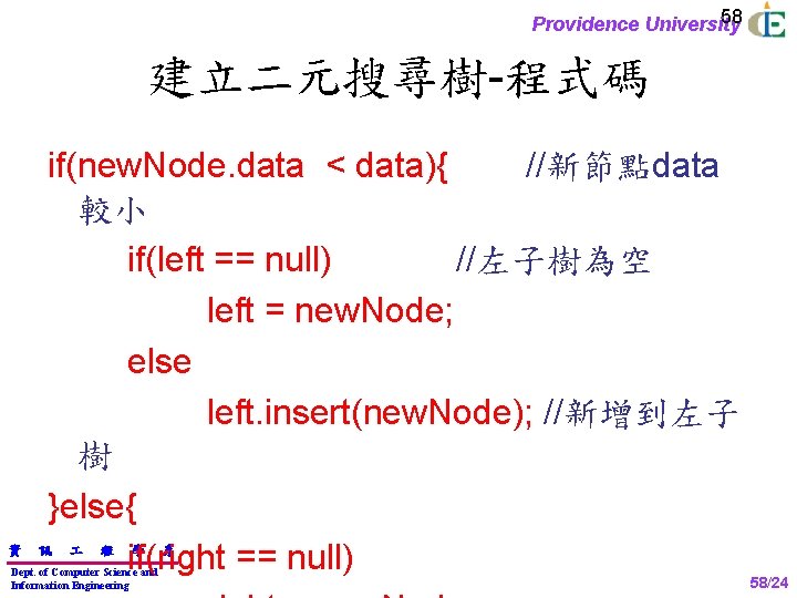 58 Providence University 建立二元搜尋樹-程式碼 資 if(new. Node. data < data){ //新節點data 較小 if(left ==