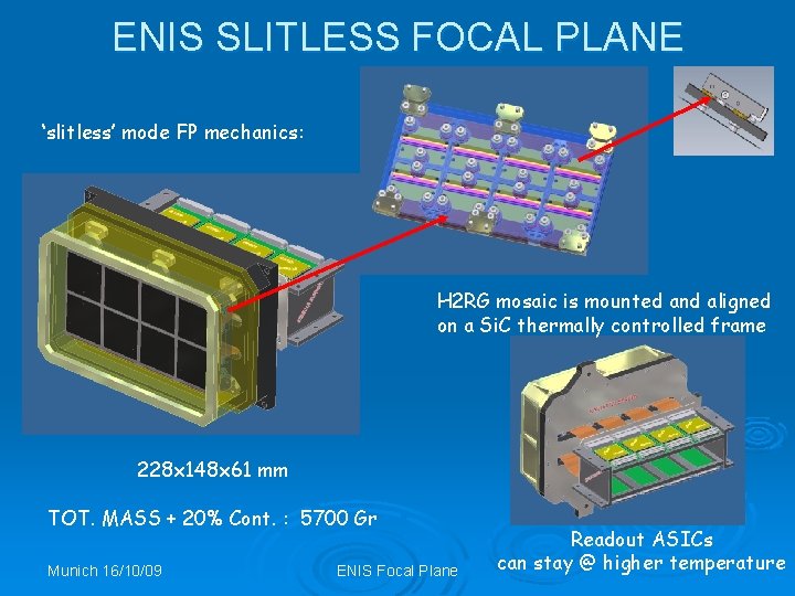 ENIS SLITLESS FOCAL PLANE ‘slitless’ mode FP mechanics: H 2 RG mosaic is mounted