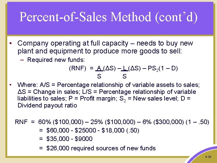 Percent-of-Sales Method (cont’d) • Company operating at full capacity – needs to buy new