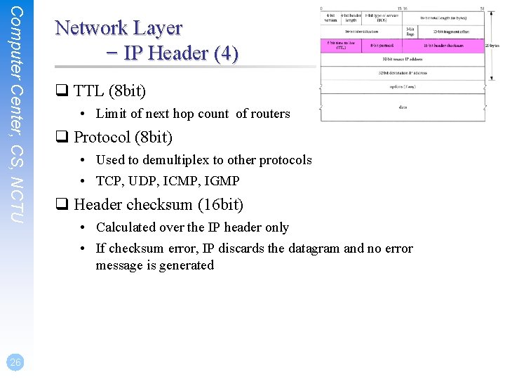 Computer Center, CS, NCTU 26 Network Layer – IP Header (4) q TTL (8