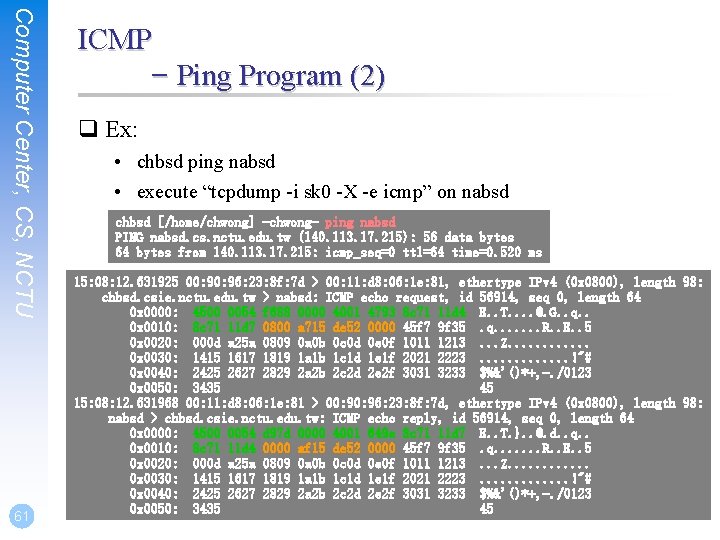 Computer Center, CS, NCTU 61 ICMP – Ping Program (2) q Ex: • chbsd