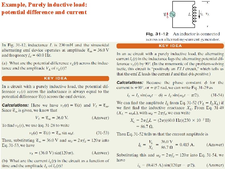 Example, Purely inductive load: potential difference and current 