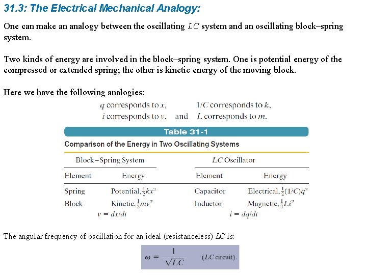 31. 3: The Electrical Mechanical Analogy: One can make an analogy between the oscillating