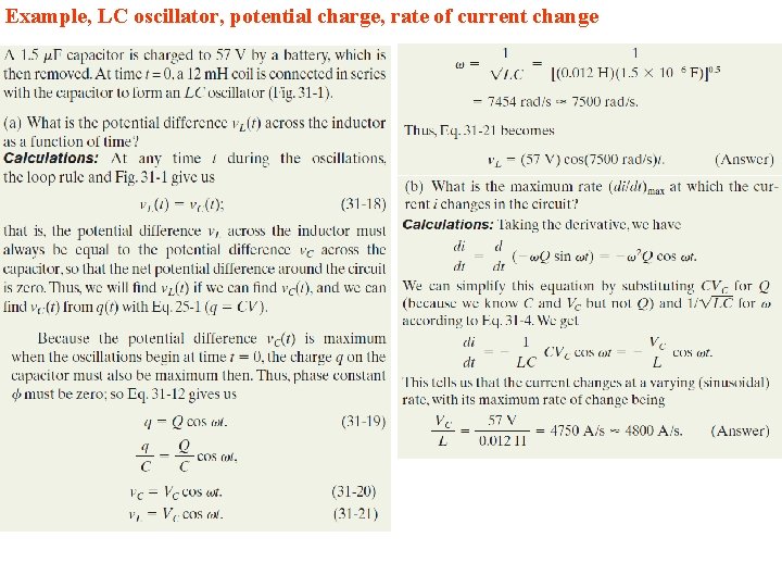 Example, LC oscillator, potential charge, rate of current change 